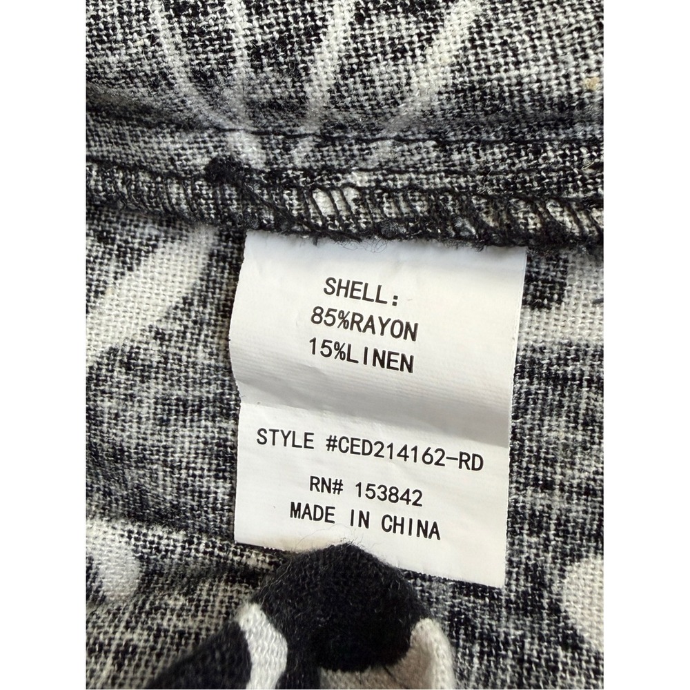 MELLODAY Black & White Floral Abstract Print Midi Shirt Rayon-Linen Blend Dress - Picture 10 of 11